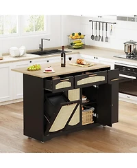gaomon Rattan Rolling Kitchen Island Table on Wheels with Drop Leaf, Tilt Out Trash Can Cabinet 2 Door, Storage Cabinet, Drawer, Spice Rack
