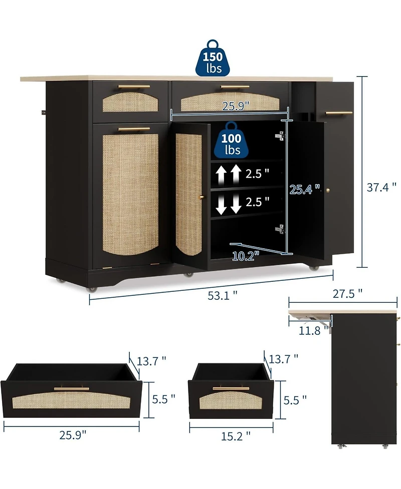 gaomon Rattan Rolling Kitchen Island Table on Wheels with Drop Leaf, Tilt Out Trash Can Cabinet 2 Door, Storage Cabinet, Drawer, Spice Rack
