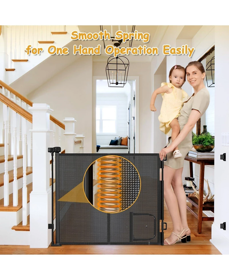 Aronkl Retractable Pet Gate with Cat Door Mesh Dog for Indoor Outdoor Use
