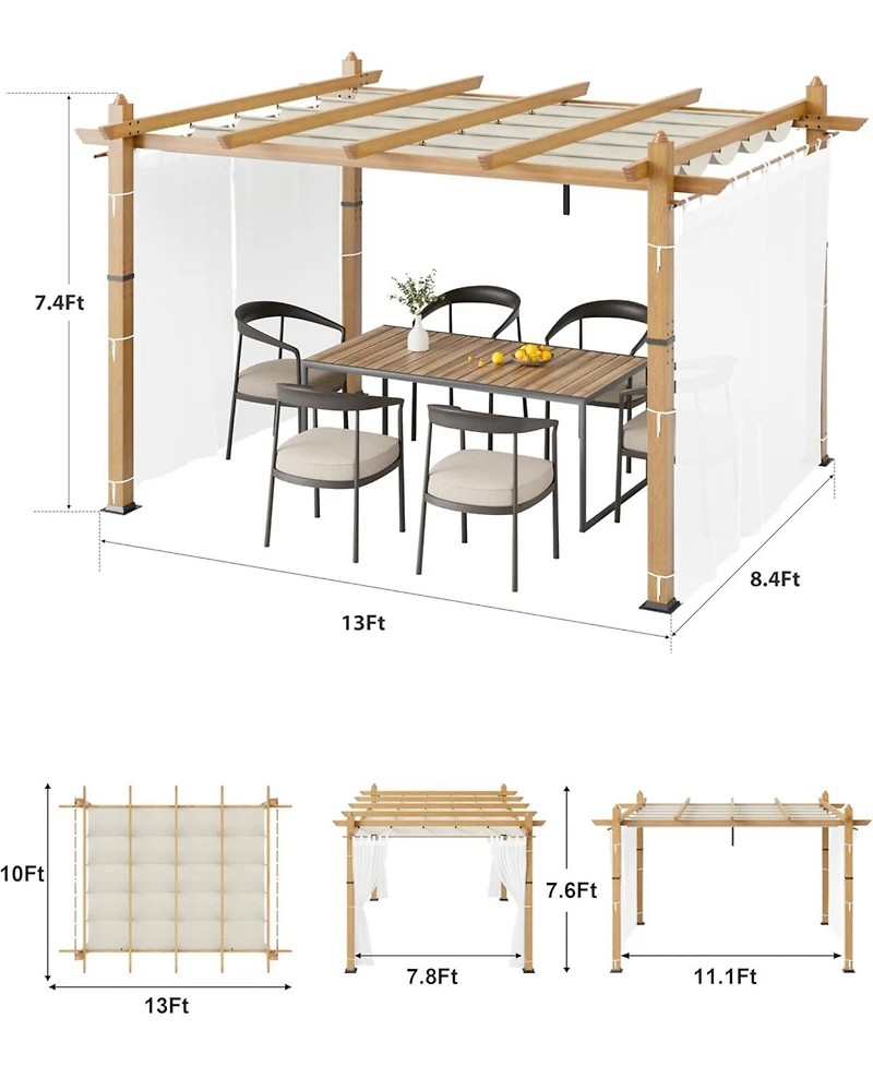 gaomon 10x13 Ft Retractable Outdoor Pergola with Canopy and Side Mesh, Upgraded Wood-Grain Aluminum Pergola, Modern Pavilion for Backyard, Patio
