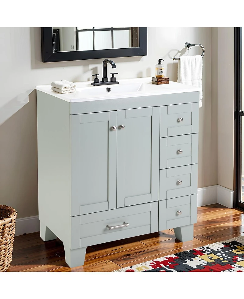 Sillysis 30" Bathroom Vanity with Ceramic Sink, Solid Wood Frame, Pull-Out Drawers, Adjustable Storage, Soft Close Slides