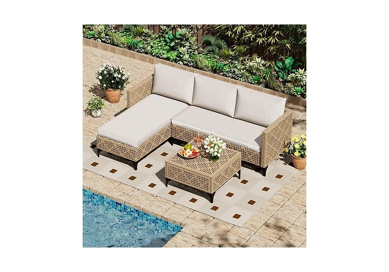 Aecojoy Outdoor Patio Furniture Set, 3 Pieces All Weather Wicker Rattan Sectional Sofa