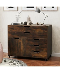 Sugift Modern Vertical 5-Drawer Mobile Chest with Door 5 Casters