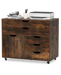 Sugift Modern Vertical 5-Drawer Mobile Chest with Door 5 Casters