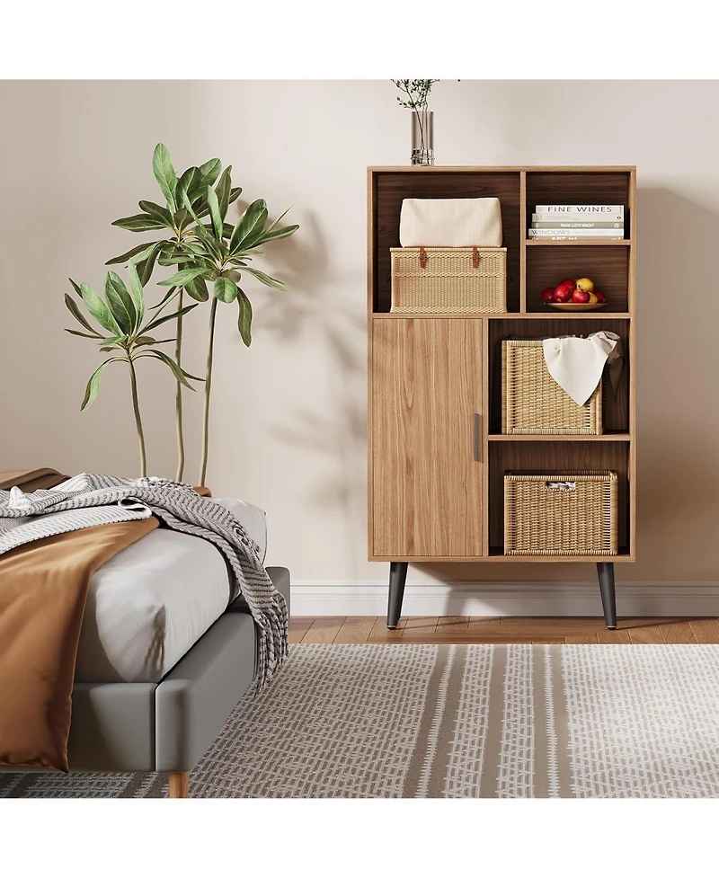 gaomon 4-Tier Mid-Century Small Wooden Bookcase with Legs and Door, Freestanding Cube Storage