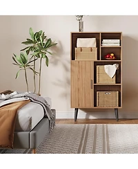 gaomon 4-Tier Mid-Century Small Wooden Bookcase with Legs and Door, Freestanding Cube Storage
