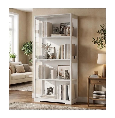 gaomon Glass Display Cabinet 4-Tier, Curio Bookcase Cabinets with Glass Doors, 3 Color Lights, Human Body Sensor & Charging Ports, for Living Room