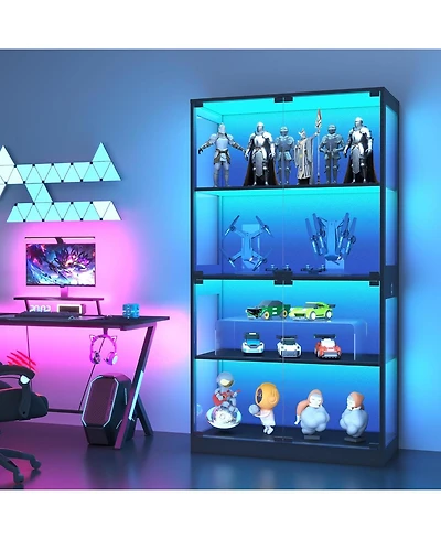 gaomon Glass Display Cabinet 4-Tier, Curio Bookcase Cabinets with Doors, 3 Color Lights, Human Body Sensor and Charging Ports, for Living Room