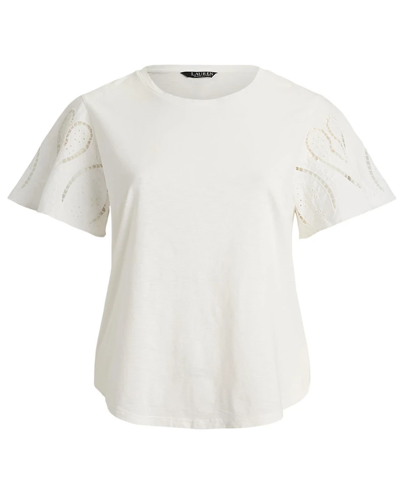 Lauren Ralph Plus Eyelet Cotton Jersey & Broadcloth Top
