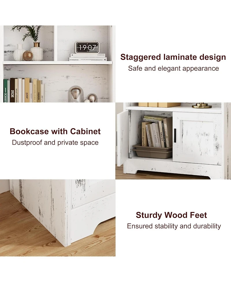 gaomon 3-Tier Modern Wooden Bookcase with Doors and Motion-Sensor Lighting, Large Display Shelf