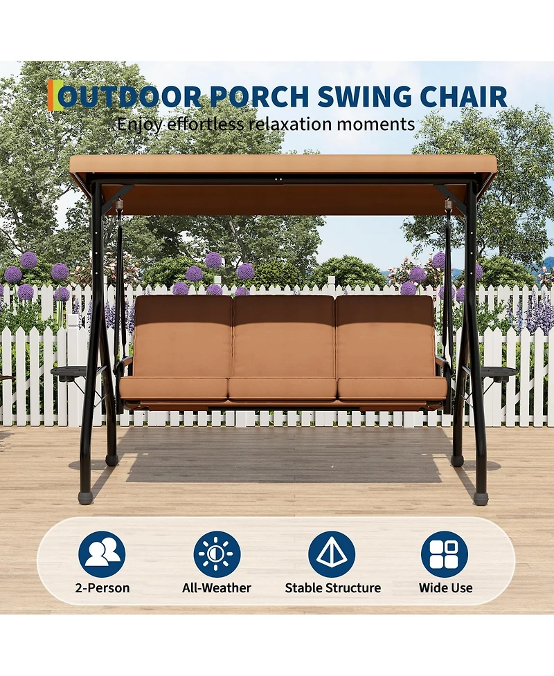 homfan 3-Seater Outdoor Swing with Adjustable Canopy, Thick Cushions, Cup Holders, Weather-Resistant Steel Frame, Patio Bench for Garden
