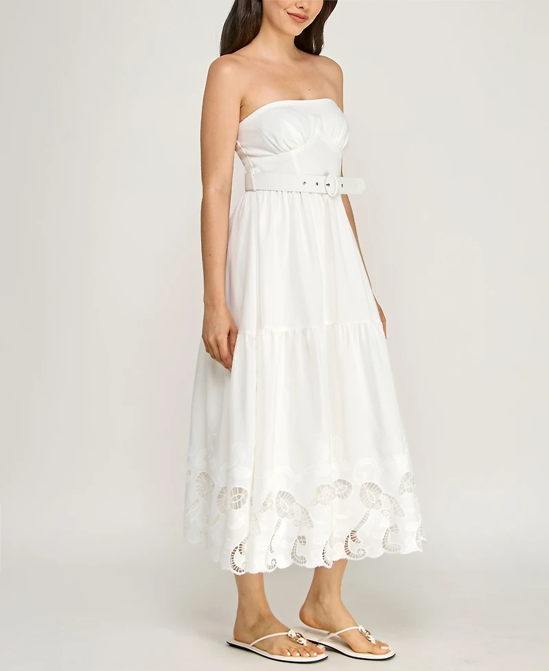Row A Juniors' Strapless Sweetheart Neck Lazer Cutout Hem Belted Midi Dress
