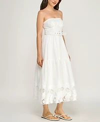 Row A Juniors' Strapless Sweetheart Neck Lazer Cutout Hem Belted Midi Dress