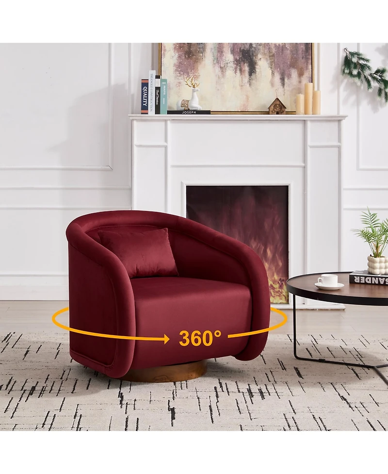 Boyel Living Swivel Accent Chair 360 Degree Velvet Barrel Chair Pumpkin Shaped Brown Rubberwood Base