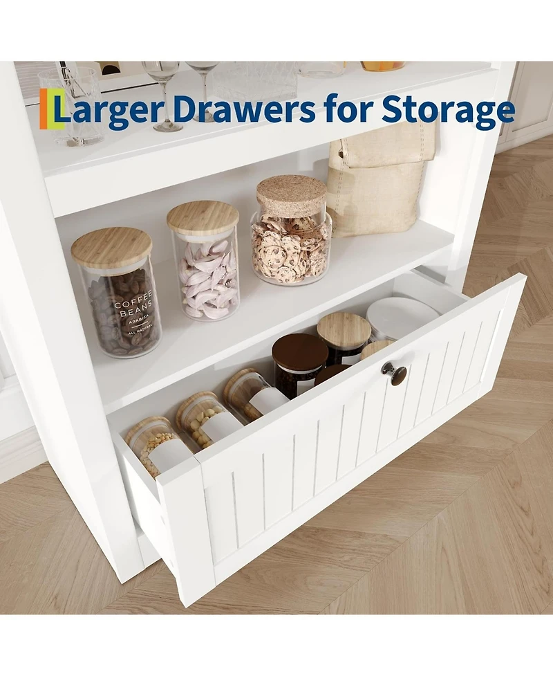 gaomon 71" Tall Arched Pantry Cabinet, 6-Tier Freestanding Bookshelf with Drawer and Anti-Tip