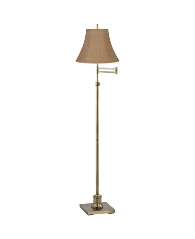 360 Lighting Traditional Swing Arm Floor Lamp Adjustable Height 70" Tall Antique Brass Burlap Fabric Bell Shade Living Room Bedroom