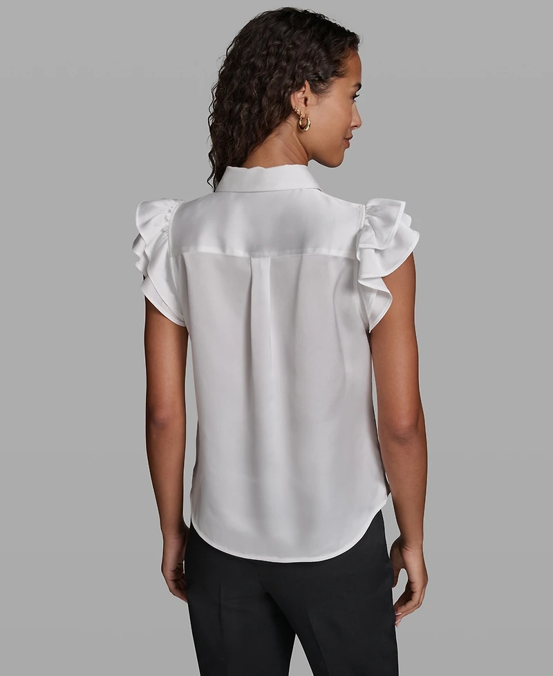 Karl Lagerfeld Paris Women's Ruffle Detail Sleeveless Collared Top