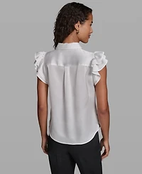 Karl Lagerfeld Paris Women's Ruffle Detail Sleeveless Collared Top