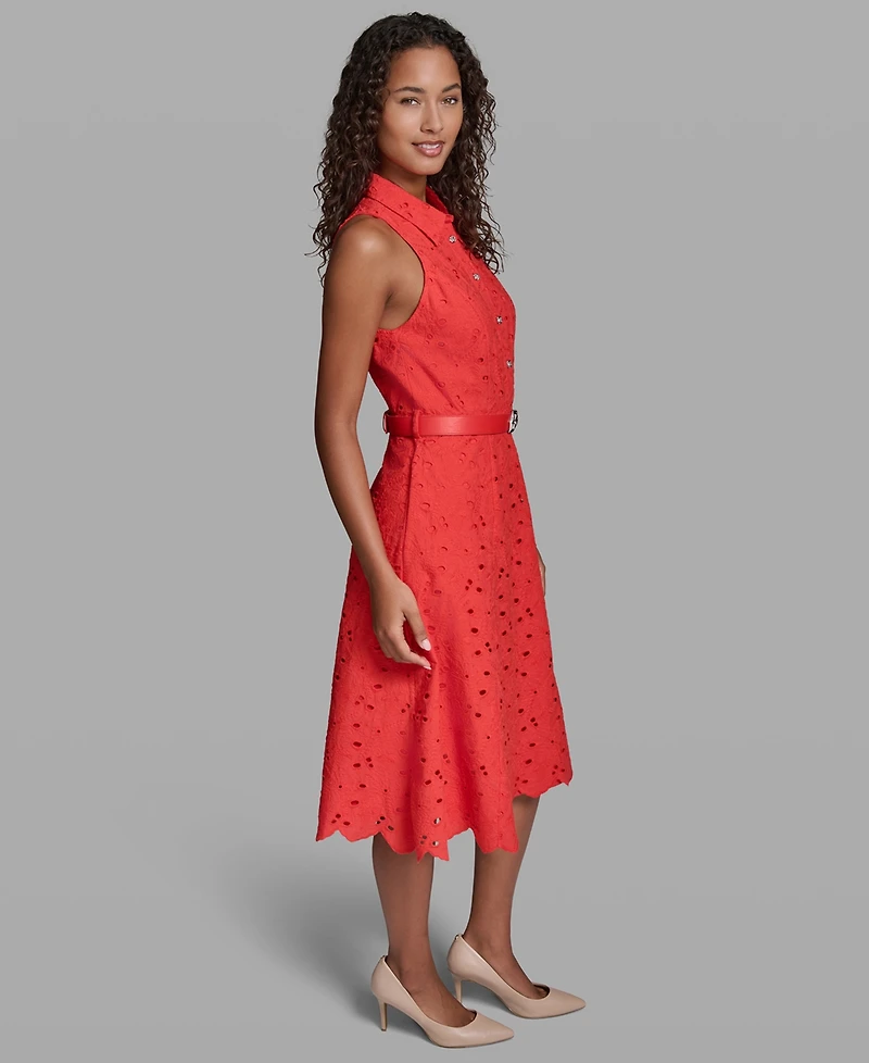 Karl Lagerfeld Paris Women's Sleeveless Collared Eyelet Dress