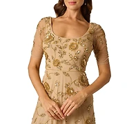 Adrianna Papell Women's Scoop Neck Mesh Long Dress
