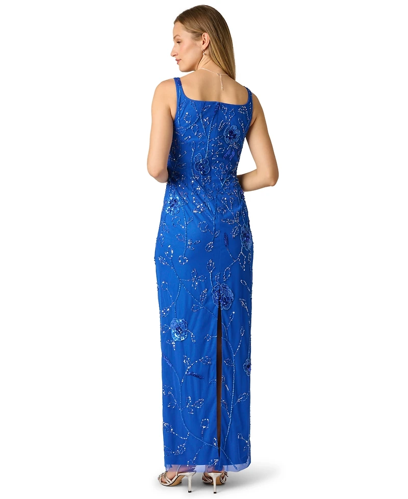 Adrianna Papell Square Neck Bead Mesh Column Dress