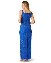 Adrianna Papell Square Neck Bead Mesh Column Dress