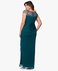 Xscape Plus Sheer Boat-Neckline Long Sheath Dress