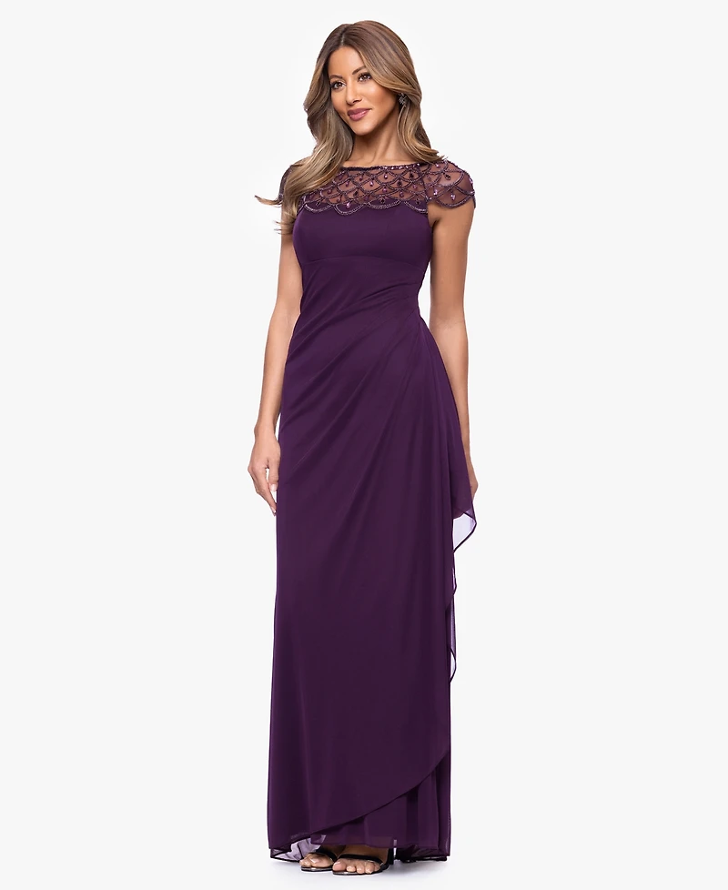 Xscape Petite Short-Sleeve Boat Neck Dress
