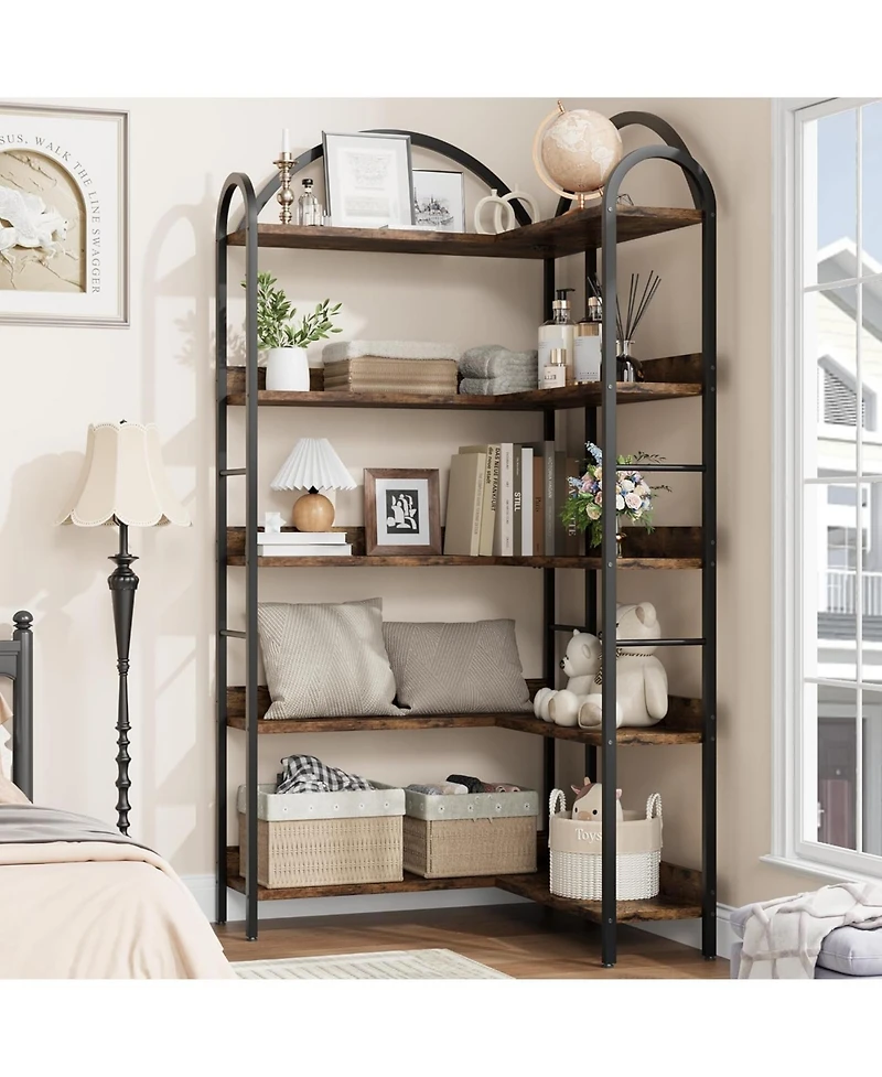 gaomon 68.5" Industrial L-Shaped Corner Bookshelf, 5-Tier Arched Metal Frame Corner Bookcase