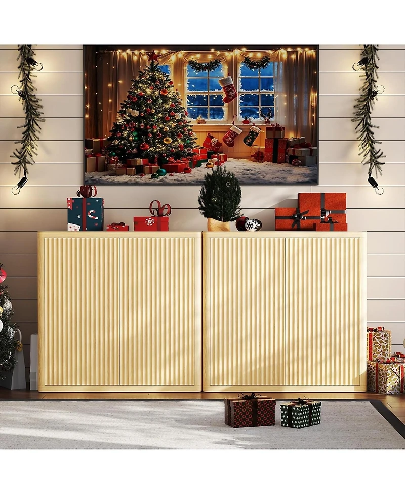 gaomon Sideboard, 35 Inch Fluted Wood Coffee Bar Organizer, Modern Pop Up Buffet Table with Storage, Natural Entryway Credenza Furniture