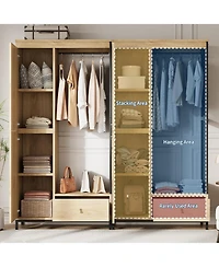 gaomon Modern Armoire Wardrobe Closet, Wood and Metal Frame Clothes Storage Organizer with Double Closed Doors, Open Hanging Rod