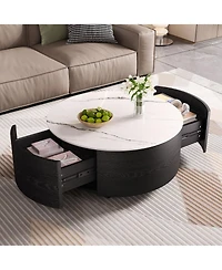 Rainsken 29.5" Round Movable Coffee Table on Wheels, Modern Wood Center Table with Marble Textured Sintered Stone Top and 2 Drawers for Living Room