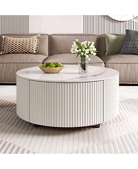 Rainsken Round Coffee Table with Wheels, Living Room Center Table with Marble Pattern Sintered Stone Tabletop and Dual Drawers for Storage