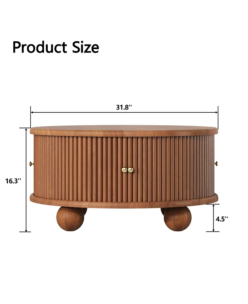 Rainsken Round Fluted Coffee Table with Storage, Modern Solid Wood Center Table Furniture Sliding Door for Living Room, Small Spaces
