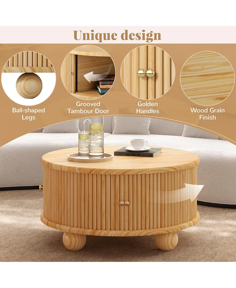 Rainsken Modern Round Fluted Storage Coffee Table, Solid Wood Center Table with Sliding Doors for Living Room and Compact Spaces