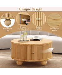 Rainsken Modern Round Fluted Storage Coffee Table, Solid Wood Center Table with Sliding Doors for Living Room and Compact Spaces