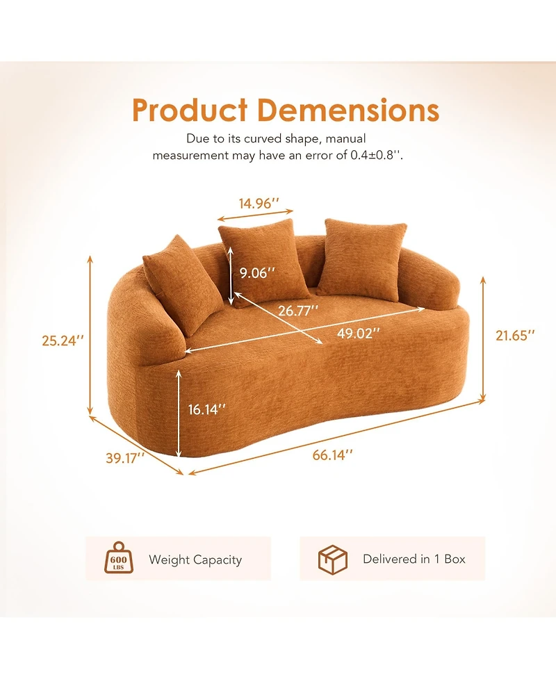 Rainsken Modern Curved Deep Seat Sofa, 65" 30D Compression Sponge Loveseat in Chenille Fabric with 3 Pillows for Living Room and Apartments