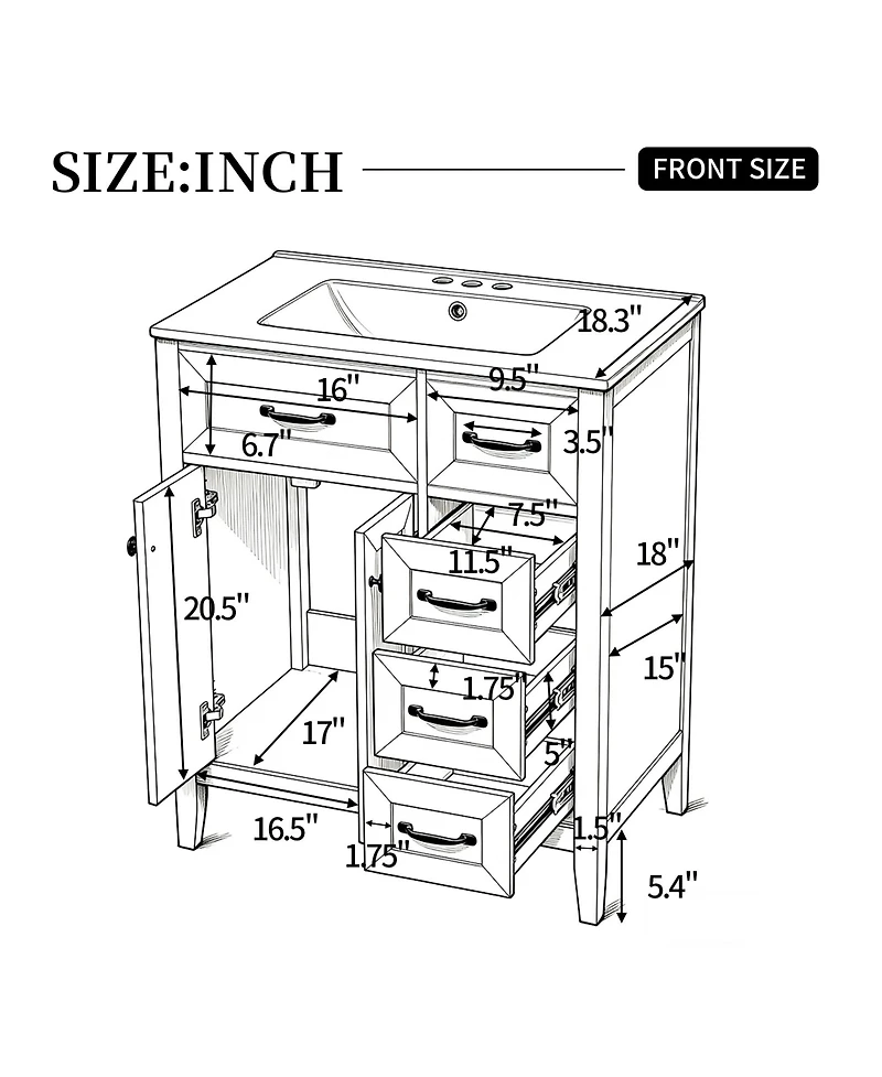 Busdays 30 Inch Freestanding Bathroom Vanity with Ceramic Sink Metal Handles Solid Wood Legs Soft Close Doors and Drawers