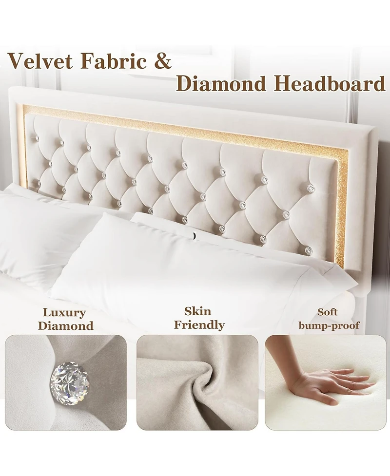 gaomon Floating Bed Frame with Led Lights, Upholstered Platform with Diamond Headboard, Wood Slats Support