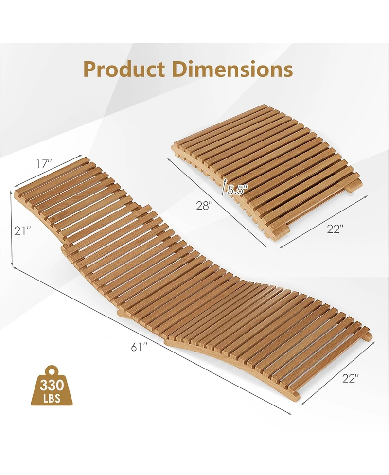 Gouun Teak Wood Folding Patio Chaise Lounge with Slatted Seat