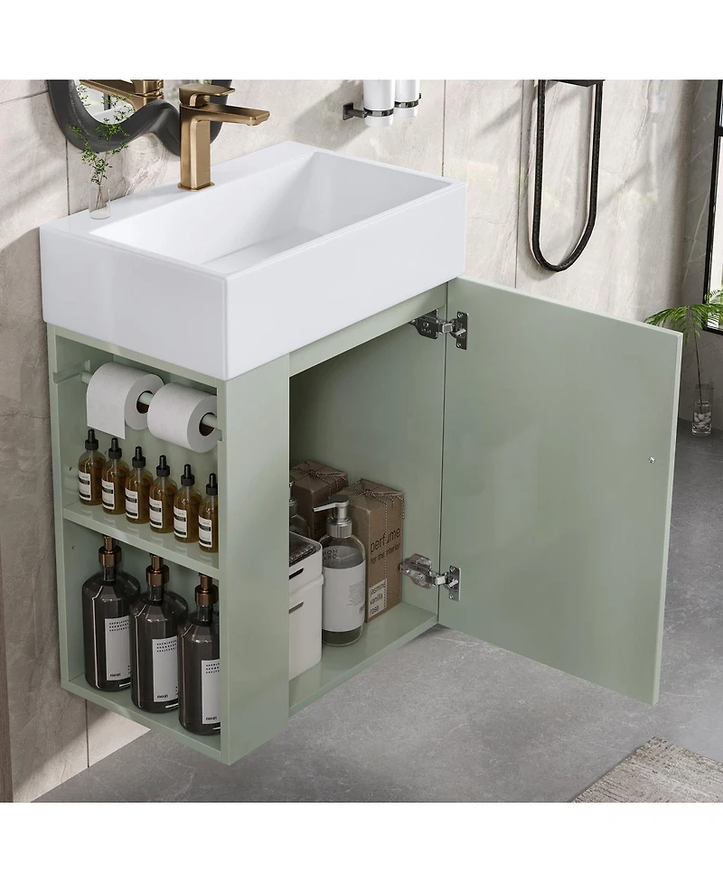 Sillysis 20 Inch Bathroom Vanity with Ceramic Sink, Side Storage Shelves and Towel Bar, Wall Mount Cabinet for Small Spaces