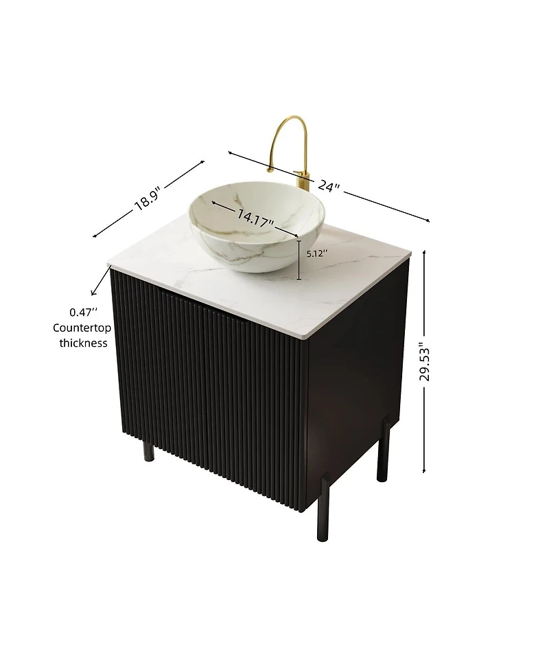 Sillysis 24 Inch Modern Bathroom Vanity with Ceramic Bowl Vessel Sink, Sintered Stone Top and Soft Close Storage Cabinet.
