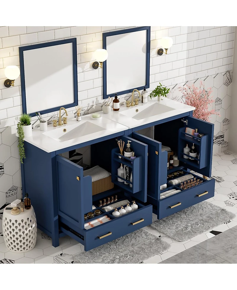 Sillysis 60 Inch Double Bathroom Vanity Set, Freestanding Solid Wood Cabinet with Ceramic Sinks and Soft Close Doors, Modern Storage.