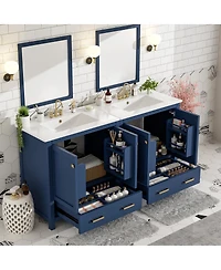 Sillysis 60 Inch Double Bathroom Vanity Set, Freestanding Solid Wood Cabinet with Ceramic Sinks and Soft Close Doors, Modern Storage.