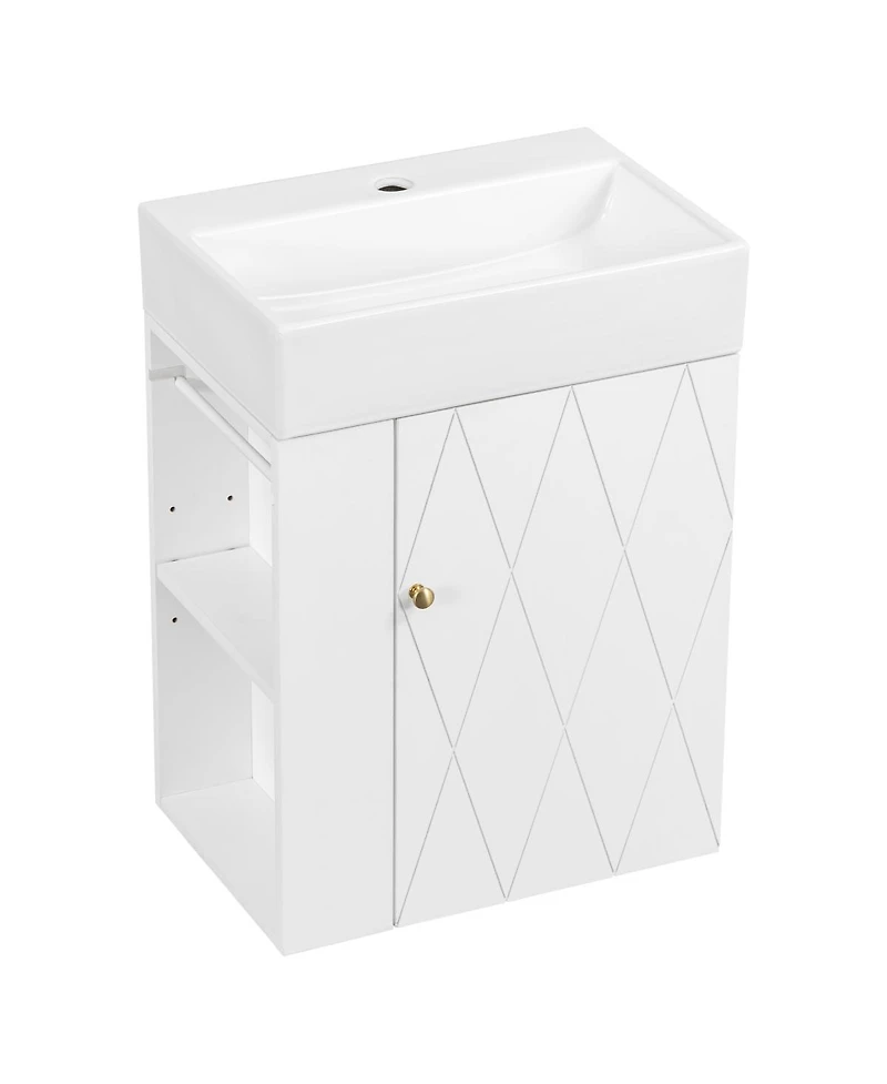 Sillysis 20 Inch Bathroom Vanity with Ceramic Sink, Side Storage Shelves and Towel Bar, Wall Mount Cabinet for Small Spaces