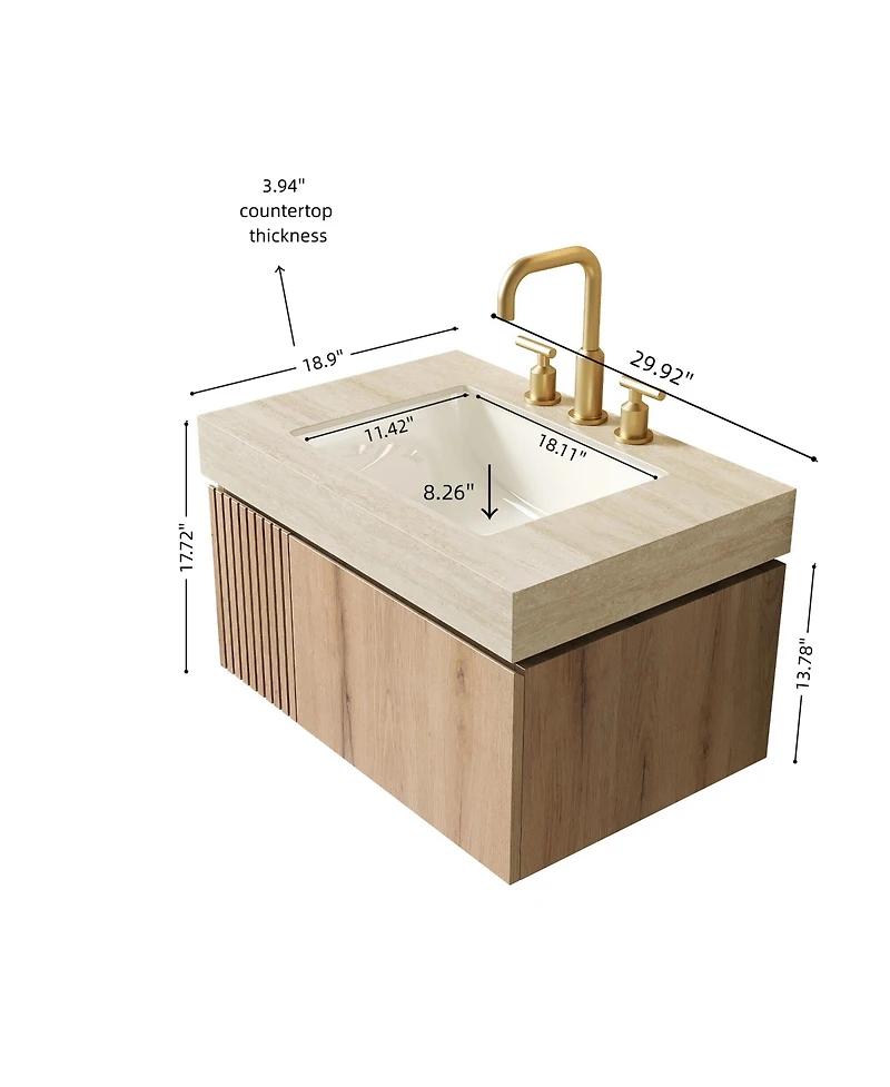 Busdays 30 Inch Oak Woodgrain Floating Bathroom Vanity with Sink Roma Travertine Stone Top Ceramic Basin Drawer Door Pre Assembled