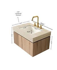 Busdays 30 Inch Oak Woodgrain Floating Bathroom Vanity with Sink Roma Travertine Stone Top Ceramic Basin Drawer Door Pre Assembled