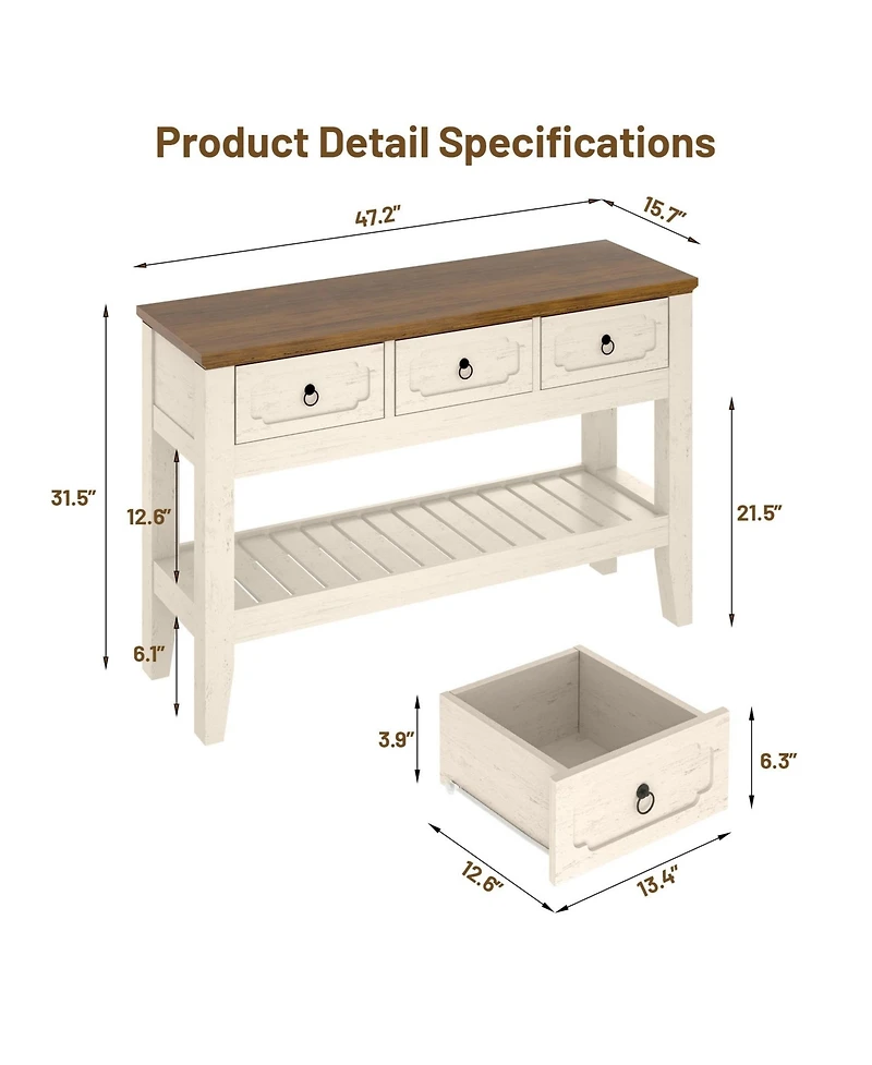 gaomon 47" Farmhouse Narrow Rustic Console Table with 3 Drawers and Large Storage Shelf, for Entryway