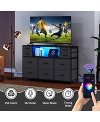 gaomon 10 Fabric Drawers Dresser with Led Lights, Entertainment Center with Charging Station, Wood Top