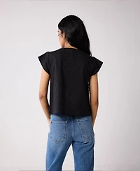 Reistor Women's V-Neck Embroidered Top with Front Buttons